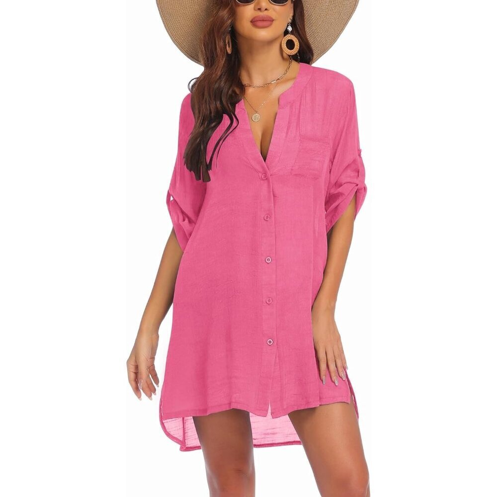Women Rose Red 100% Polyester V-Neck Button Down Bathing Swimsuit Beach Shirt
